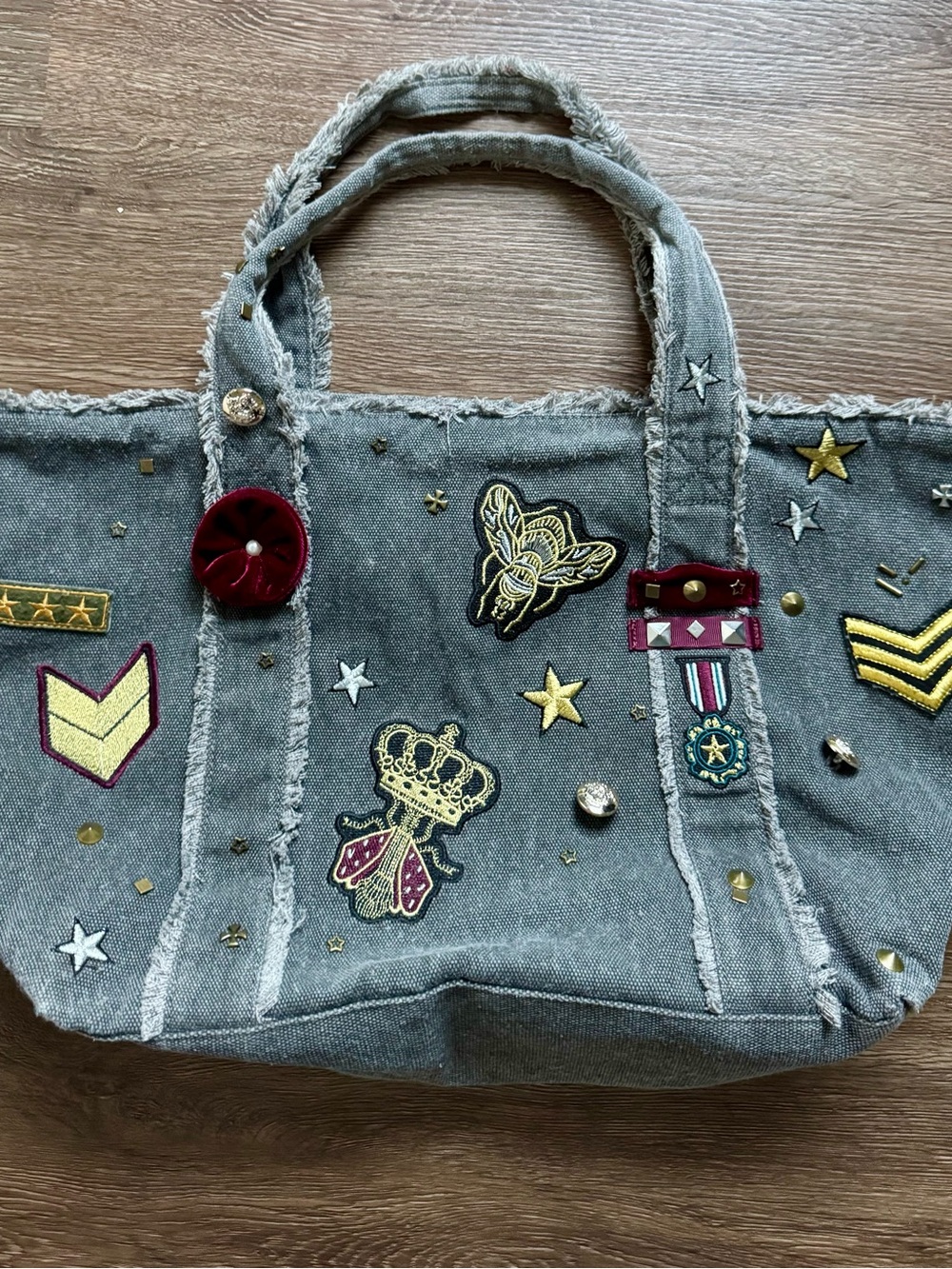 Steve Madden Gray Denim Tote with Embroidered Patches & Studs
